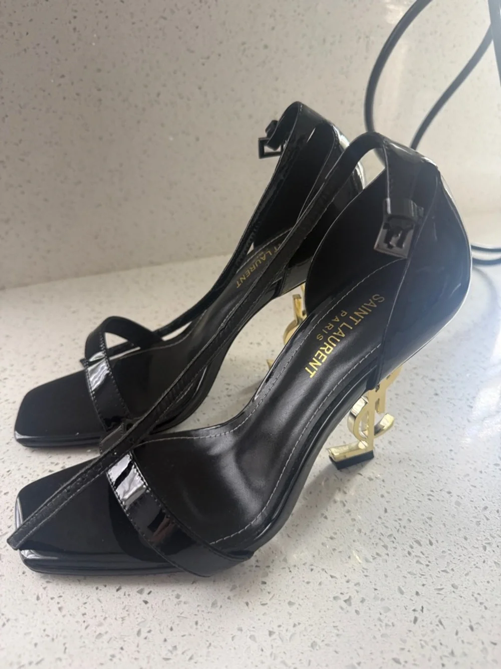 Saint Laurent Black Patent Opyum Logo-Heel Sandals - Picture 5 of 6